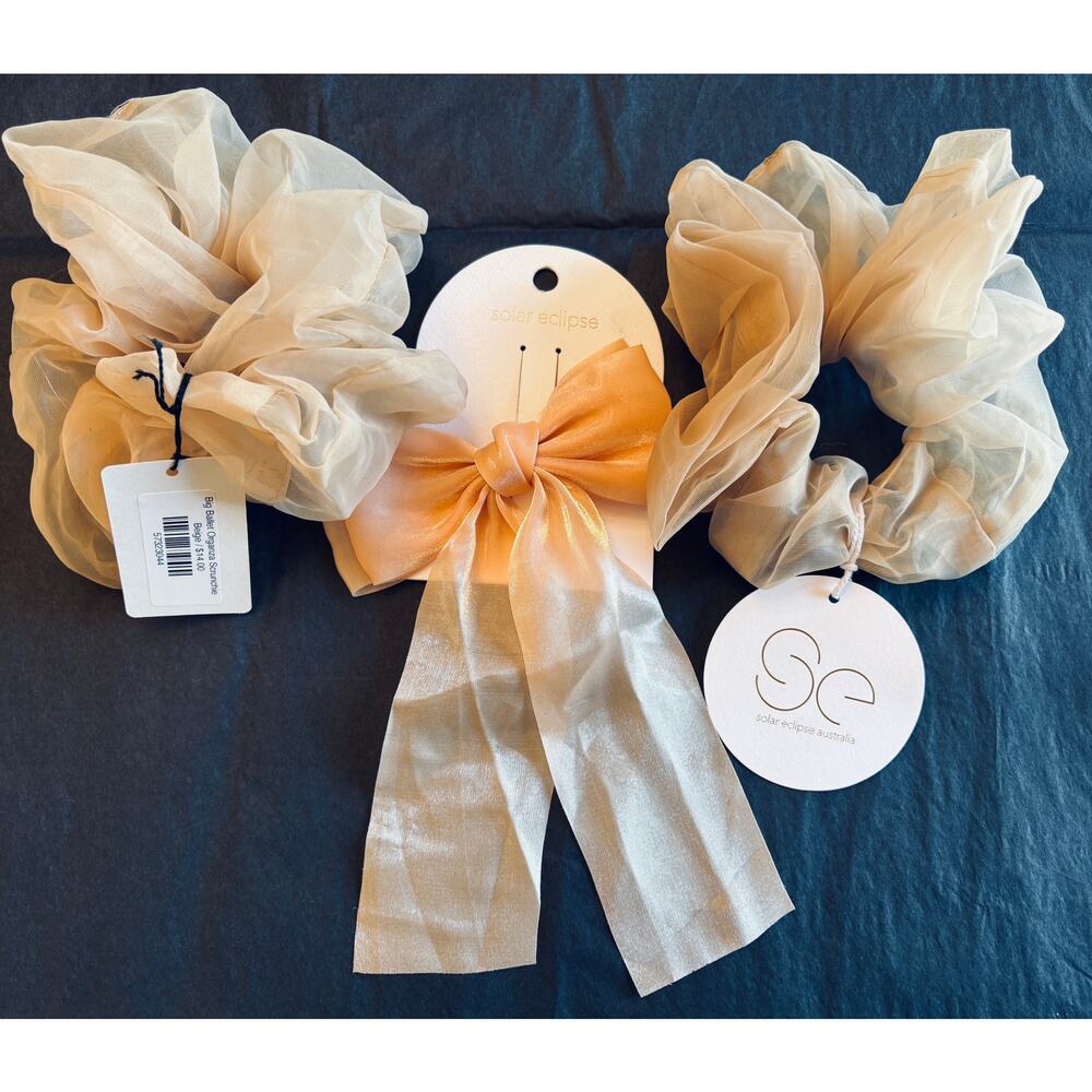 (3) NWT Solar Eclipse Scrunchies / Hair Ties / Barrette BEIGE, Retails $46